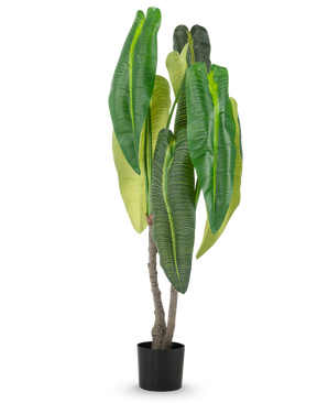 Eine künstliche Pflanze Anthurium 150 cm mit großen Blättern im Topf.