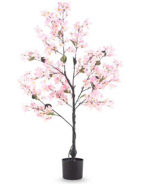 Die künstliche Bougainvillea 120 cm rosa ist ein künstlicher Baum in einem Topf mit grünen Blättern und leuchtend rosa Blüten, dargestellt vor einem schlichten weißen Hintergrund.