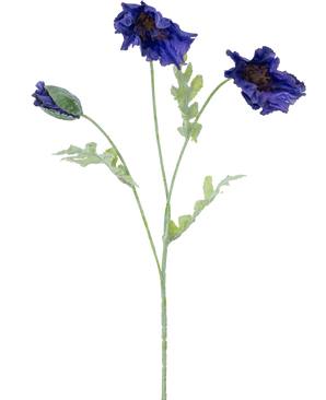 Eine botanische Illustration der künstlichen Blumenmohnblume 73 cm dunkelblau zeigt drei hellgrüne Stiele – zwei mit Rüschen aus dunkelblauen Blüten und einer mit einer geschlossenen Knospe vor weißem Hintergrund.