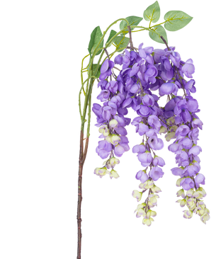 Eine künstliche Glyzinienblume, 115 cm, lila mit lila Glyzinienblüten und grünen Blättern vor einem weißen Hintergrund.