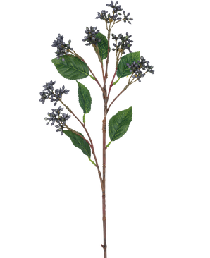 Der künstliche Zweig Beeren 64 cm stahlblau hat einen einzelnen künstlichen Zweig mit Büscheln kleiner stahlblauer Beeren und mehreren grünen Blättern an rotbraunen Stielen, perfekt zur Dekoration.