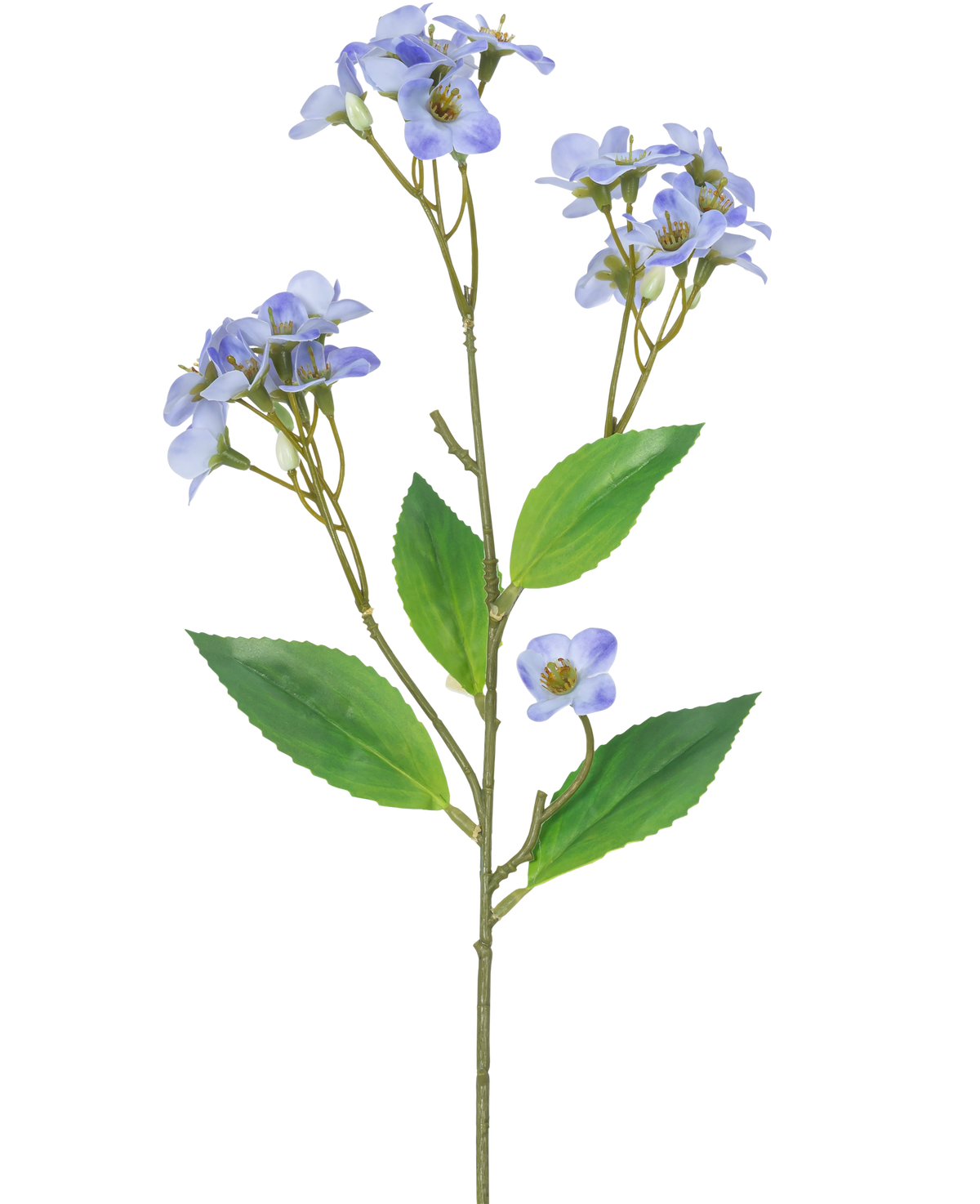 Eine künstliche Blumenorchidee Real Touch Lila 50 cm hat einen einzelnen grünen Stiel mit mehreren Zweigen, die jeweils mit Büscheln kleiner, hellvioletter Orchideenblüten und grünen Blättern vor einem weißen Hintergrund verziert sind.