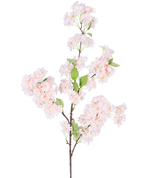 Eine einzelne künstliche Kirschblüte 100 cm hellrosa hat Büschel hellrosa Kirschblüten mit grünen Blättern auf weißem Hintergrund.