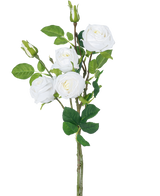 Der künstliche Rosenzweig Double Real Touch weiß 80 cm hat einen Stiel mit drei blühenden weißen Kunstrosen, grünen Blättern und Rosenknospen vor einem schlichten weißen Hintergrund.
