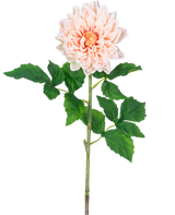 Ein einzelner Kunst Georgine Real Touch Light Pink 70 cm langer Stiel mit geschichteten hellrosa Blütenblättern und grünen Blättern vor einem weißen Hintergrund.