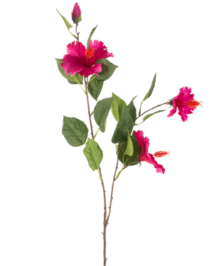 Die künstliche Blume Hibiskus 89 cm Fuchsia hat einen Zweig mit grünen Blättern, mehrere leuchtend fuchsiafarbene Hibiskusblüten und eine geschlossene Knospe, alles vor einem weißen Hintergrund.