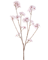 Die Kunstblume Kirschblüte 114 cm hellrosa hat einen einzelnen braunen Zweig mit mehreren dünnen Stielen, die jeweils mit Büscheln zarter, hellrosa Kirschblüten vor einem schlichten weißen Hintergrund verziert sind.