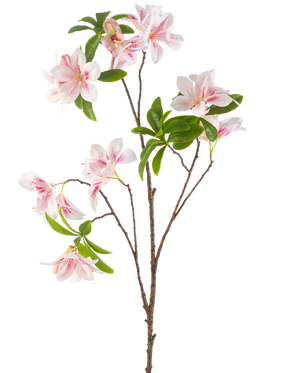 Die künstliche Blumenbegonie 99 cm in Rouge hat einen einzelnen Zweig mit mehreren rosa und weißen Begonienblüten und Büscheln grüner Blätter vor einem weißen Hintergrund.