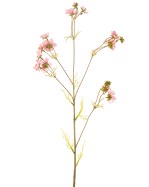 Ein künstlicher Blumenkörbchen in Rosa (95 cm) hat einen einzelnen hohen Stiel mit mehreren dünnen Zweigen, die jeweils mit Büscheln zartrosa Blüten und hellgrünen Blättern vor einem schlichten weißen Hintergrund verziert sind.
