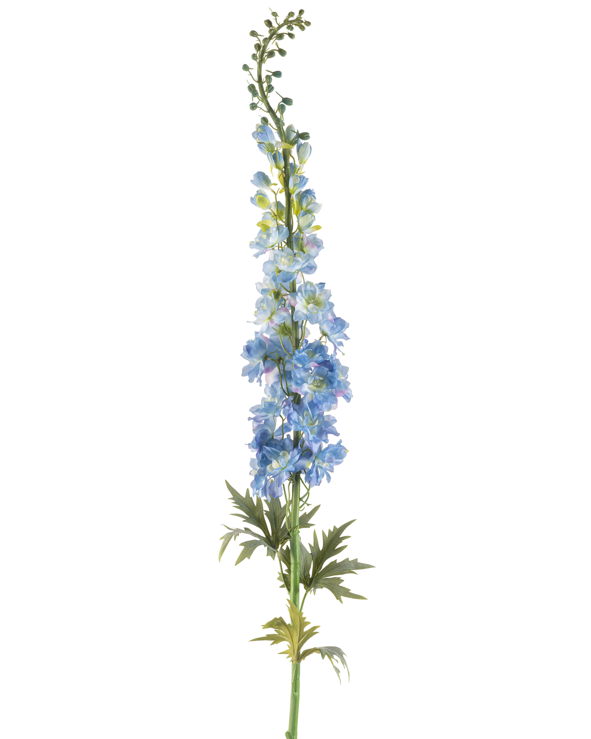 Ein einzelner Stiel der künstlichen Blume Rittersporn, 137 cm, dunkelblau, mit mehreren dunkelblauen künstlichen Blüten und grünen Blättern, die entlang des oberen Stiels und vor einem weißen Hintergrund angeordnet sind.