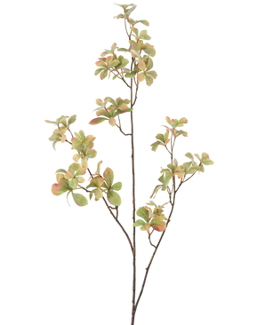 Der künstliche Blumenzweig 112 cm grün hat einen schlanken, verzweigten Stiel mit Büscheln grüner Blätter in hellrosa und cremefarben vor einem schlichten weißen Hintergrund.