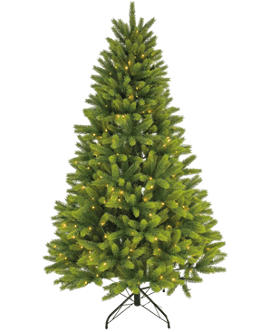 Der künstliche Weihnachtsbaum „Ask“ aus 100 % PE – Smart LED hat echte Touch-Zweige, integrierte warmweiße Beleuchtung und steht auf einem schwarzen Metallständer vor einem schlichten weißen Hintergrund.
