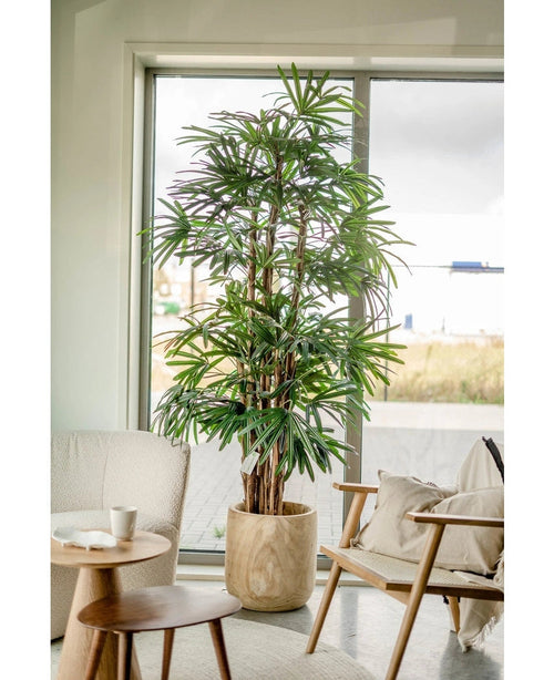 Eine 210 cm hohe künstliche Palme „Lady“ steht neben einem Fenster in einem hellen, modernen Wohnzimmer mit gepolstertem Stuhl, kleinem runden Tisch und neutraler Einrichtung.