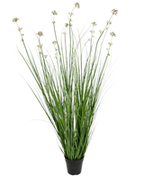 Der 120 cm große, feuerhemmende Kunstrasen-Lauchblumen-Zwiebel-Grastopf hat lange grüne, grasähnliche Blätter und lange Stiele mit hellvioletten Blütenbüscheln, perfekt, um jedem Raum lebensechtes Grün zu verleihen.