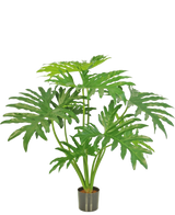 Die Kunstpflanze Philodendron 80 cm ist eine Kunstpflanze mit großen, geteilten grünen Blättern in einem kleinen schwarzen Topf, dargestellt vor einem schlichten weißen Hintergrund.