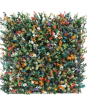 Die künstliche Buchsbaumhecke mehrfarbig 50 x 50 cm UV ist eine quadratische Platte aus dichtem künstlichem Buchsbaum mit kleinen Blättern und Büscheln oranger, weißer, roter, gelber, violetter und blauer Blüten auf einem grünen Kunststoffgitterhintergrund.
