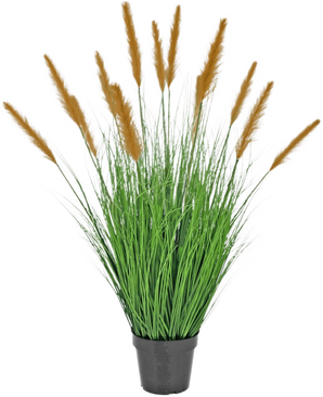Die feuerhemmende Kunstrasenpflanze Strauß 100 cm steht in einem schwarzen Topf mit hohen, grasähnlichen Blättern und langen braunen Federn, die vor einem schlichten weißen Hintergrund eine grüne Dekoration darstellen.