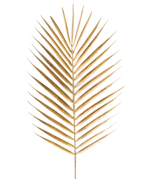 Der künstliche Astfarn 64 cm gold hat ein einzelnes goldenes Palmenblatt mit langen, schlanken Blättern auf einem schlichten weißen Hintergrund.