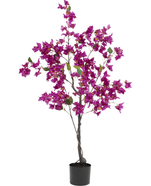 Die künstliche Bougainvillea 125 cm Lila hat leuchtend violette Blüten und üppig grüne Blätter an mehreren Zweigen, was sie zu einer farbenfrohen Kunstpflanze macht, die sich ideal zur Verschönerung jedes Innenraums eignet.