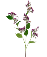 Die künstliche Blumen-Wildhortensie 86 cm lila hat einen einzelnen Stiel mit mehreren Büscheln kleiner lila Blüten und grünen Blättern, isoliert auf weißem Hintergrund.