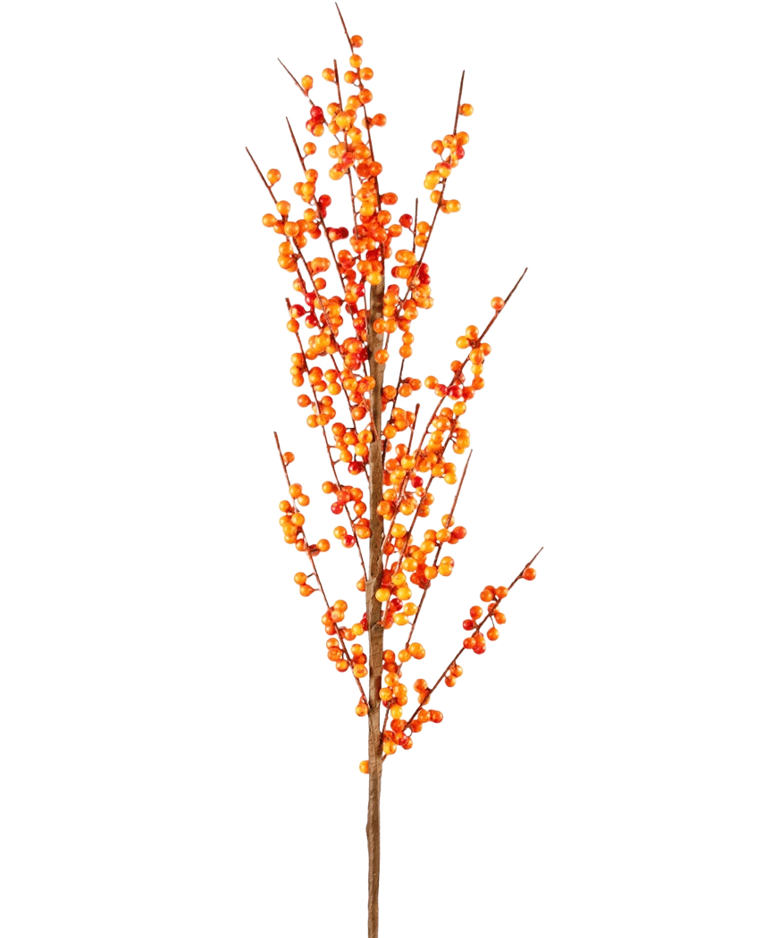Der künstliche Zweig Ilex 100 cm orange hat einen einzelnen hohen Zweig mit vielen kleinen orangefarbenen Beeren an schlanken braunen Stielen vor einem schlichten weißen Hintergrund.