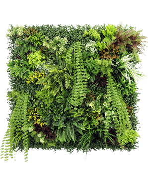 Die künstliche Hecke Lush Deco Deluxe 100 x 100 cm UV ist ein quadratisches, vertikales Gartenpaneel mit dichtem, strukturiertem Grün mit einer Mischung aus Blattpflanzen, Farnen und Gräsern – perfekt für die Schaffung einer lebendigen natürlichen Darstellung vor einem weißen Hintergrund.