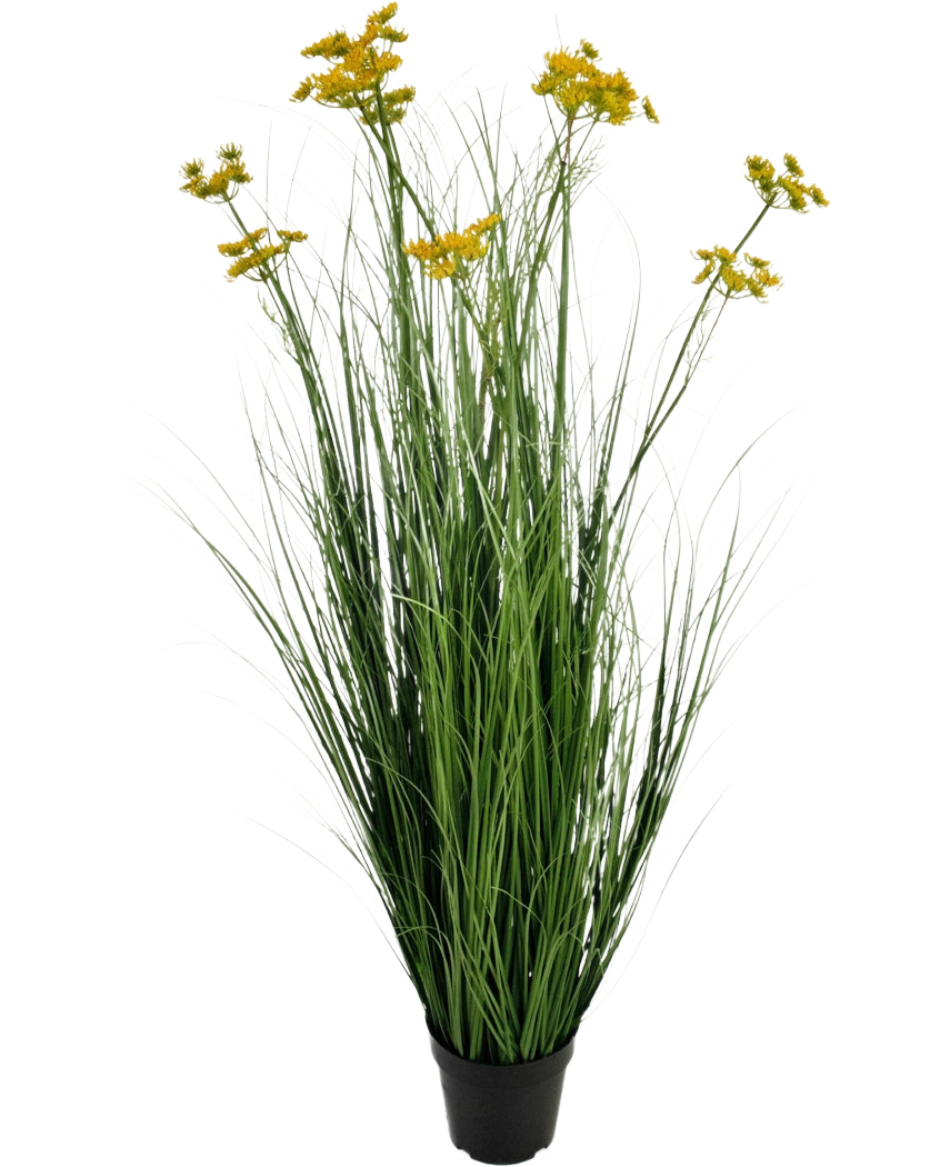 Der künstliche Graswurzelblumen-Zwiebelgrastopf 120 cm ist eine feuerhemmende Kunstpflanze in einem Topf mit langen grünen, grasähnlichen Blättern und Büscheln kleiner gelber Blüten, isoliert auf weißem Hintergrund.