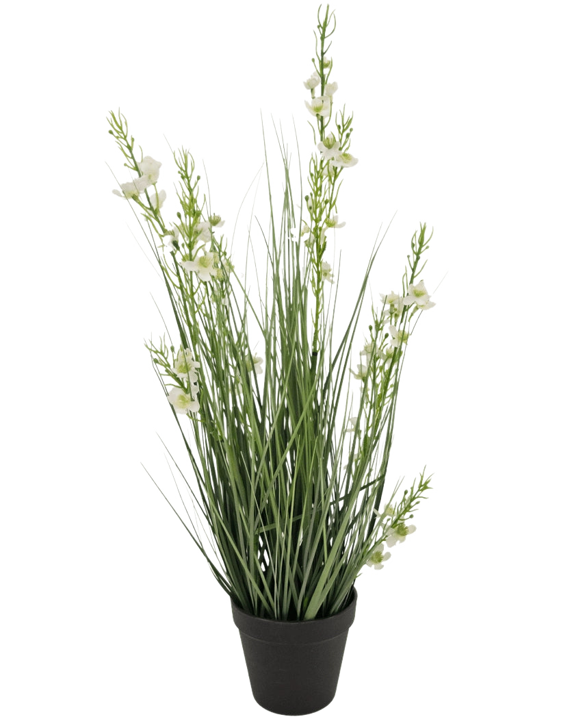 Der feuerhemmende Kunstrasen-Hirse-Zwiebel-Grastopf (65 cm) hat hohe, schlanke grüne grasähnliche Blätter und mehrere Stiele mit kleinen weißen Blüten in einem schwarzen Topf vor einem schlichten weißen Hintergrund.