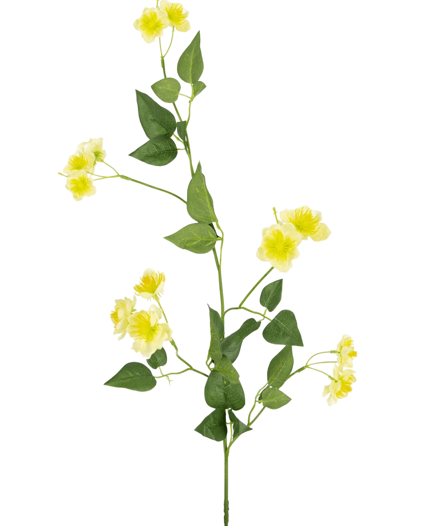 Die künstliche Blume Butterblume 77 cm ist ein einzelner grüner Stiel mit mehreren Zweigen, kleinen gelben Blüten und grünen Blättern – ideal zum Zusammenstellen Ihres Blumenstraußes – dargestellt auf einem schlichten weißen Hintergrund.