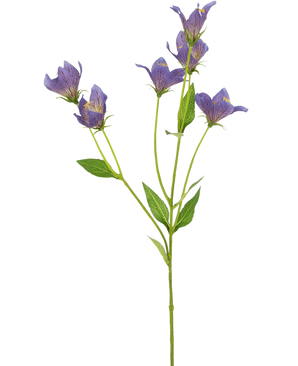 Die künstliche Blumen-Glockenblume 62 cm lila hat einen einzelnen grünen Stiel mit mehreren Zweigen, die jeweils mit zarten lila Blüten und grünen Blättern verziert sind, vor einem schlichten weißen Hintergrund.