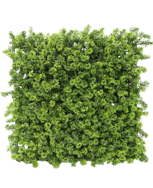 Das künstliche Heckenmoos 50x50 cm UV ist eine dichte quadratische Platte aus künstlichem grünem Laub mit kleinen Blattzweigen, dargestellt von oben auf einem weißen Hintergrund.