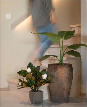 Eine Person geht eine Holztreppe hinauf, vorbei an zwei Topfpflanzen: Bei der einen handelt es sich um die künstliche Magnolienpflanze im 46-cm-Topf mit großen grünen Blättern, bei der anderen um eine kleine, pflegeleichte Pflanze mit weißen Blüten. Beide werden als stilvolle Innendekoration am Fuß der Treppe platziert.