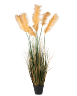 Een Kunst Pampasgras van 200 cm, een brandvertragende plant met lange, groene bladeren en hoge, vederachtige, lichtgouden pluimen, afgebeeld tegen een effen witte achtergrond.