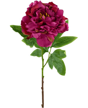 Die Kunstblume Pfingstrose 61 cm rosa ist eine einzelne Kunstblume in Form einer Pfingstrose in Dunkelrosa mit geschichteten Blütenblättern und grünen Blättern auf einem braunen Stiel, dargestellt vor einem weißen Hintergrund.