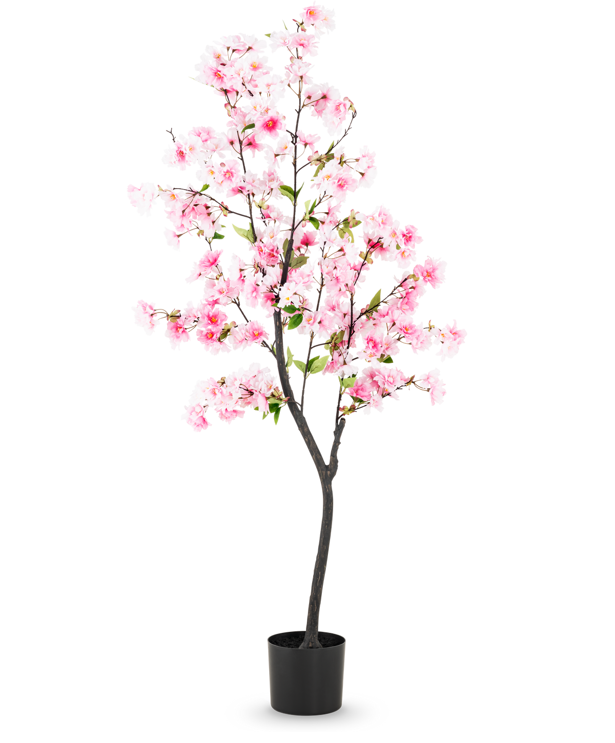 Die künstliche Kirschblüte 150 cm rosa hat rosa Seidenblüten und grüne Blätter in einem schwarzen Topf vor einem schlichten weißen Hintergrund.