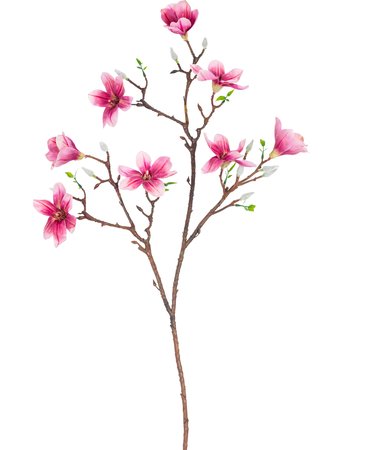 Der künstliche Zweig Magnolie kleinblütig 89 cm rosa hat einen Zweig mit mehreren blühenden rosa Magnolienblüten und grünen Blättern, perfekt für den dekorativen Gebrauch.