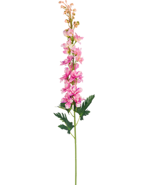 Een enkele Kunstbloem Delphinium 79 cm roze bloem met groene, diep gelobde bladeren, geïsoleerd op een witte achtergrond.
