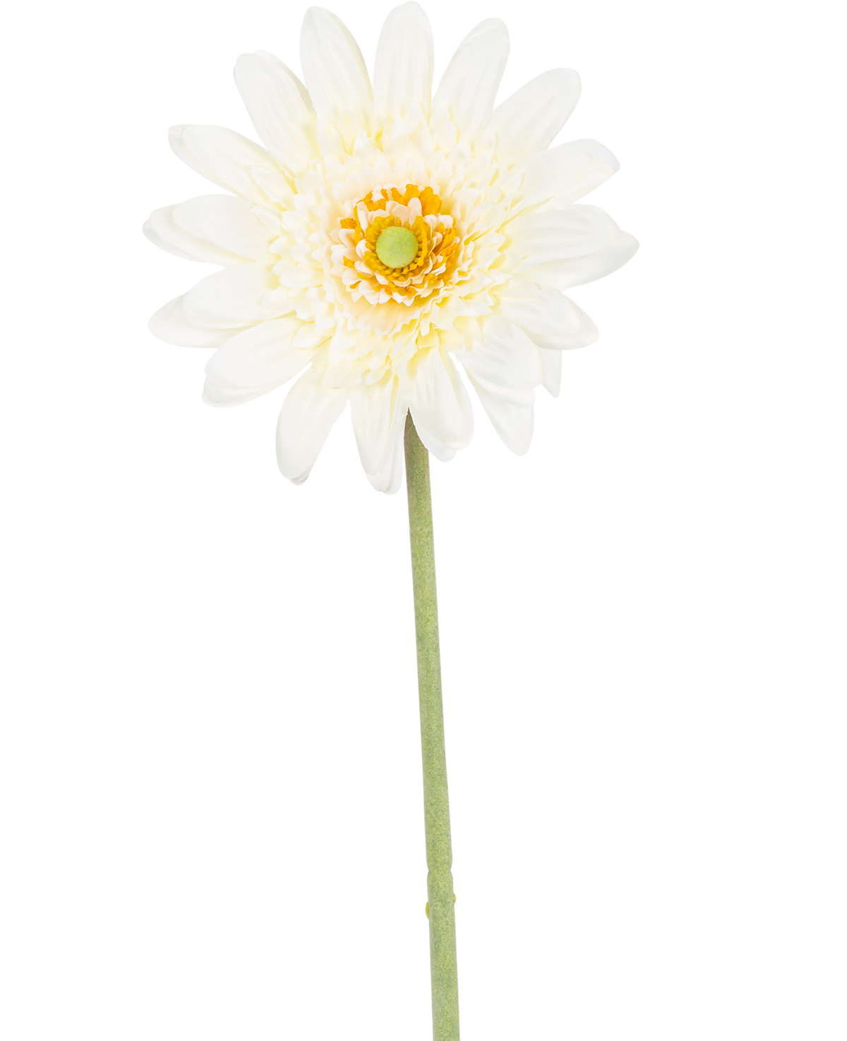 Die Kunstblume Gerbera 53 cm weiß hat eine einzelne weiße, gänseblümchenartige Blüte mit geschichteten Blütenblättern, einem gelbgrünen Herzen und einem langen grünen Stiel vor einem weißen Hintergrund.