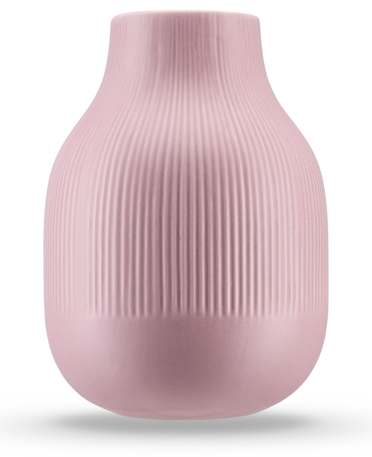 Die Vase Botan 22 cm altrosa ist eine hellrosa Keramikvase mit rundem Boden, schmalem Hals und vertikaler Rippenstruktur auf der oberen Hälfte. Durch die matte, glatte Oberfläche eignet es sich ideal für moderne Einrichtungen.