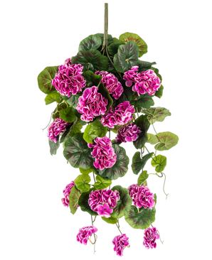 Die künstliche Hängepflanze Geranium 75 cm lila hat üppige grüne Blätter und Büschel leuchtend lila-magentafarbener Blüten mit weißen Rändern, die anmutig an einem vertikalen Stiel herunterfallen und so eine schöne Hängedekoration ergeben.