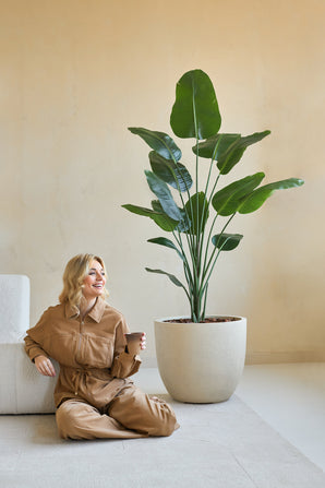 Een vrouw in een bruine jumpsuit zit glimlachend op de grond met een koffiekopje naast zich, naast de Kunstplant Strelitzia 180 cm real touch in een minimalistische kamer met beige muren.