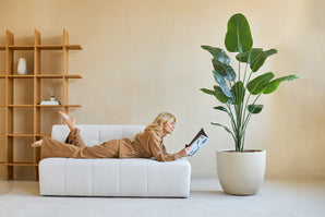 Een vrouw in bruine loungekleding leest een tijdschrift op een witte bank. Achter haar brengt de Kunstplant Strelitzia 180 cm real touch weelderig groen in het moderne, minimalistische decor.