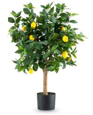 De Kunstplant Citroenboom 90 cm is een kunstmatige citroenboom in pot met groene bladeren en felgele citroenen, afgebeeld tegen een effen witte achtergrond.