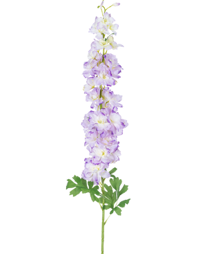 Die künstliche Blume Delphinium 105 cm lila hat einen einzelnen langen Stiel aus hellvioletten Kunstblumen mit grünen Blättern, dargestellt vor einem schlichten weißen Hintergrund.