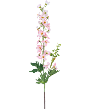 Een enkele Kunstbloem Delphinium 79 cm lichtroze heeft meerdere kleine lichtroze bloesems en groene bladeren, geïsoleerd op een witte achtergrond.