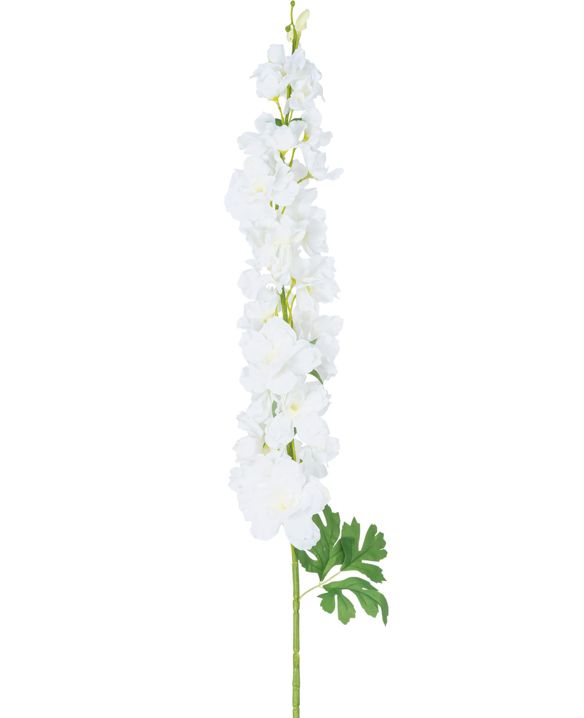 Künstliche Blume Delphinium 105 cm weiß: ein einzelner langer Stiel mit mehreren weißen Blüten und grünen Blättern, präsentiert vor einem schlichten weißen Hintergrund.