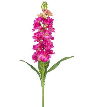 Een enkele Kunstbloem Violier 78 cm fuchsia met meerdere levendige roze bloesems en groene bladeren tegen een effen witte achtergrond.