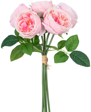 De Kunstrozenboeket "Carmen" Real Touch Pink 36 cm heeft lichtroze pioenrozen met groene bladeren, samengebonden met bruin touw.