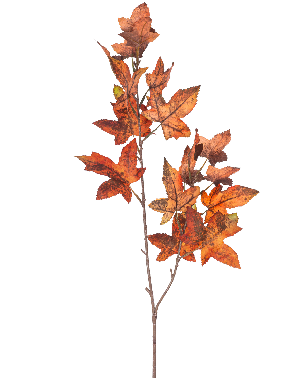 Ein Zweig des künstlichen Zweigs Eichenblatt 90 cm rot hat mehrere Eichenblätter in Rottönen, die vor einem schlichten weißen Hintergrund an den Herbst erinnern.