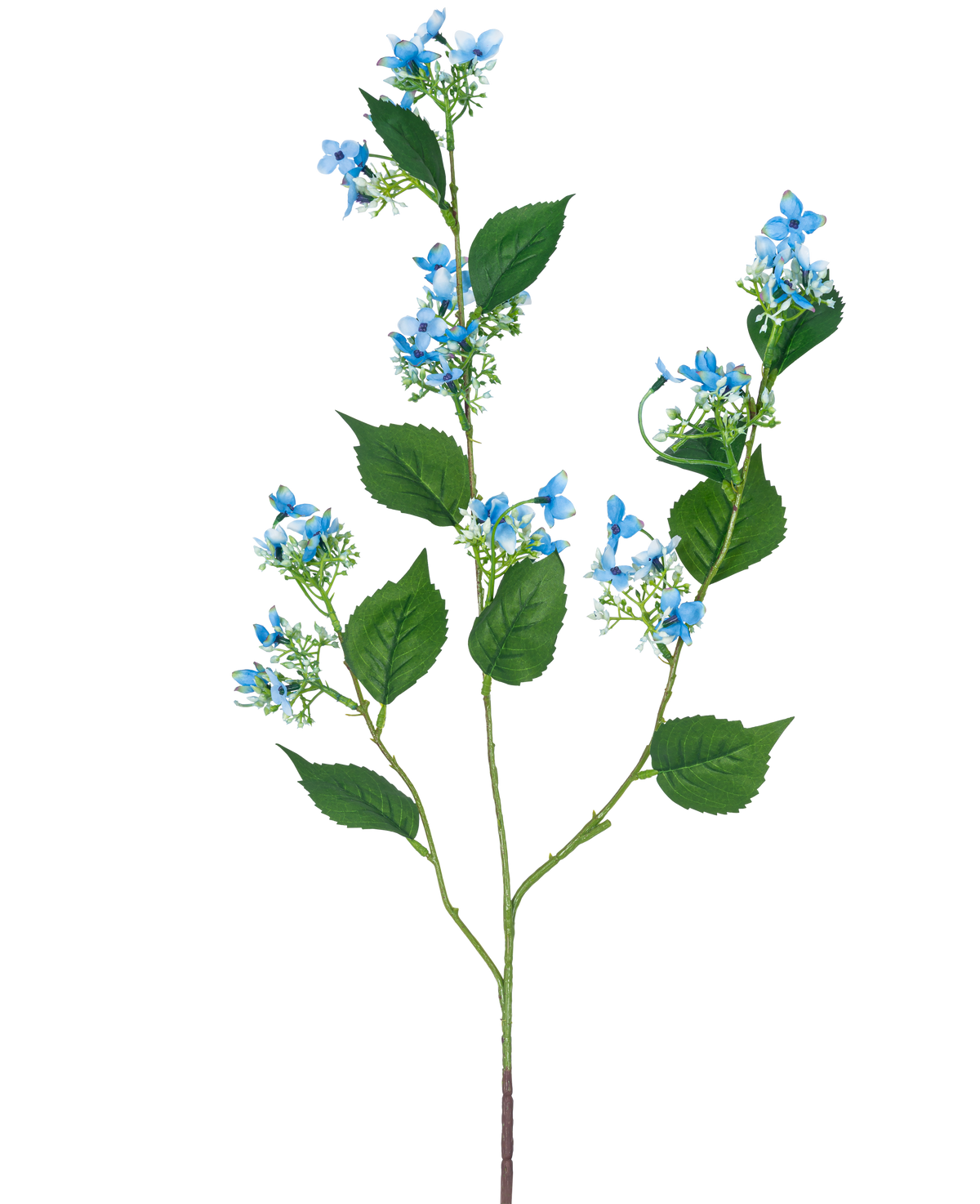 Die künstliche Blumen-Wildhortensie 93 cm blau hat einen einzelnen künstlichen Stiel mit mehreren Zweigen, grünen Blättern und Büscheln kleiner, zarter hellblauer Blüten.